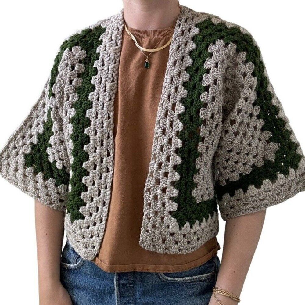 Handmade Crochet Granny Square 100% Wool Cardigan Tan Green Retro Hippie Sz M
